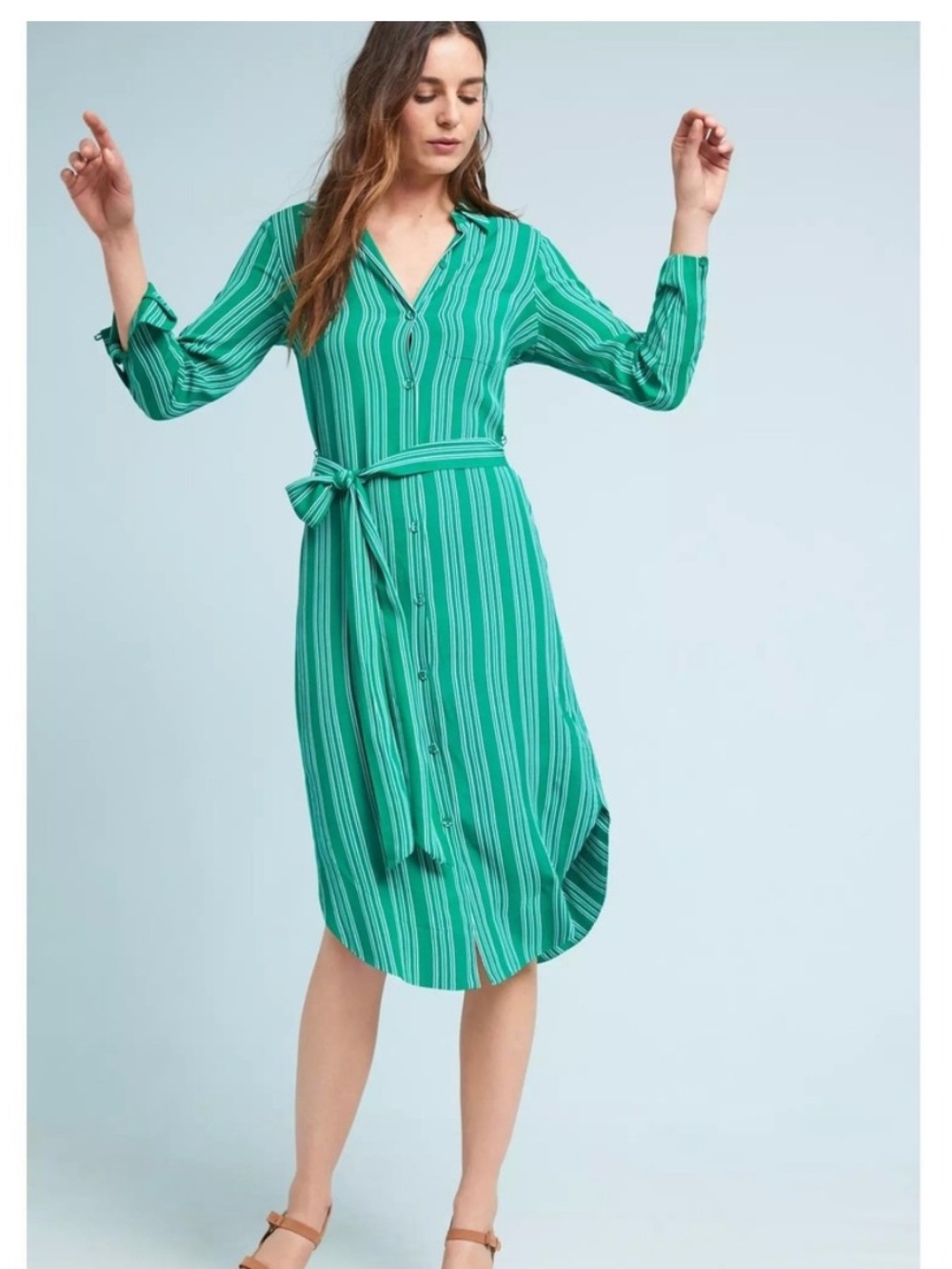 Anthropologie Green Striped Tie-Waist Midi Shirt Dress